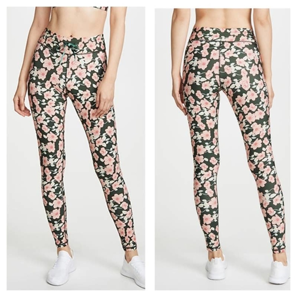 The Upside Leggings 4 Green Floral Poppy High Rise Drawstring Stretch